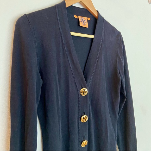 Tory Burch Logo Button V-Neck Cardigan in Navy - Picture 4 of 8
